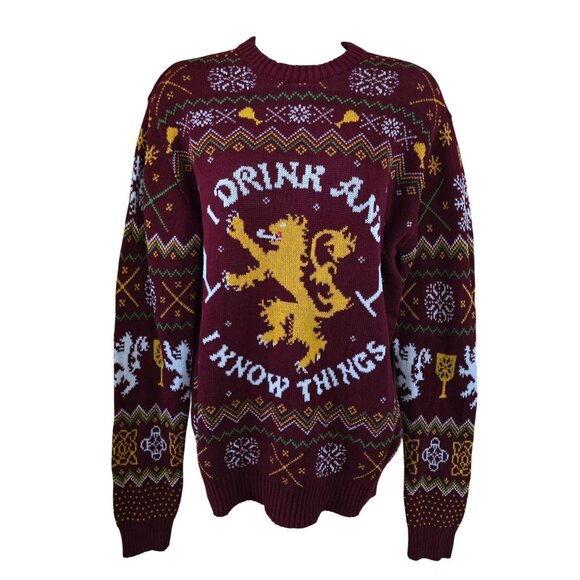 Game Of Thrones "I Drink And I Know Things" Lion Holiday Sweater Small Red Knit - Picture 1 of 7